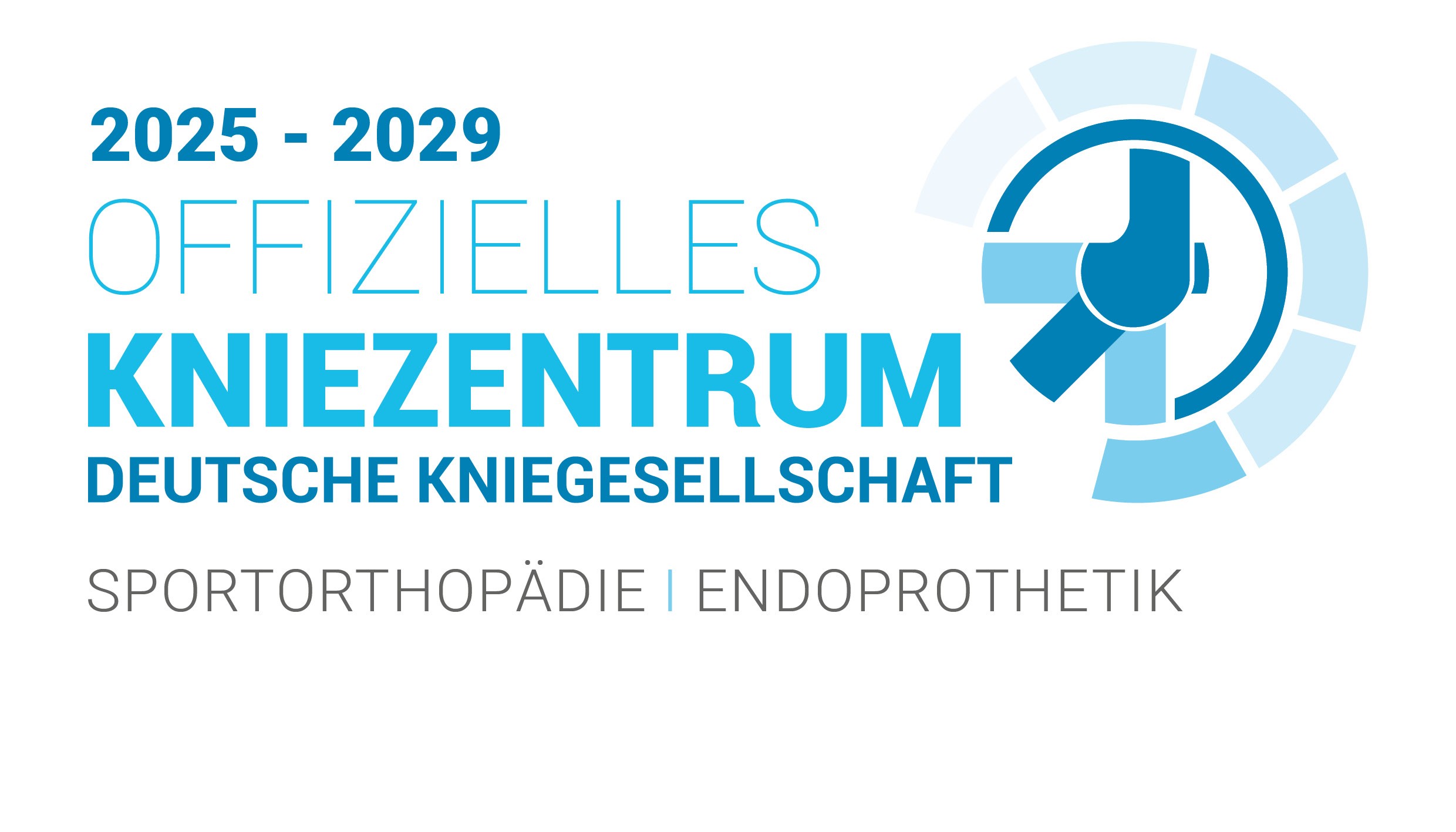 Zertifikat"Offizielles Kniezentrum der Deutschen Kniegesellschaft" in wasserblauen Farben. Rechts erkennt man ein blaues Logo, was ein Knie symbolisiert.