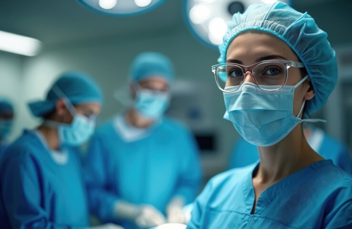 Mitarbeiterin im OP trägt türkise Kopfhaube und Mundschutz und schaut fürsorglich in die Kamera. Im Hintergrund arbeiten weiter OP-Kollegen.
