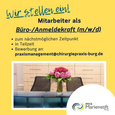 Auf dem Foto erkennen Sie eine gelbe Anzeige für die Stellensuche zur Bürokraft mit einem Praxistresen imVordergrund.