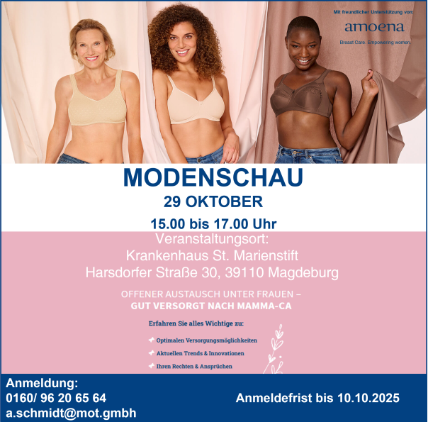 Einladungsflyer der Firma MOT: Drei Frauen in Unterwäsche lächeln in die Kamera.