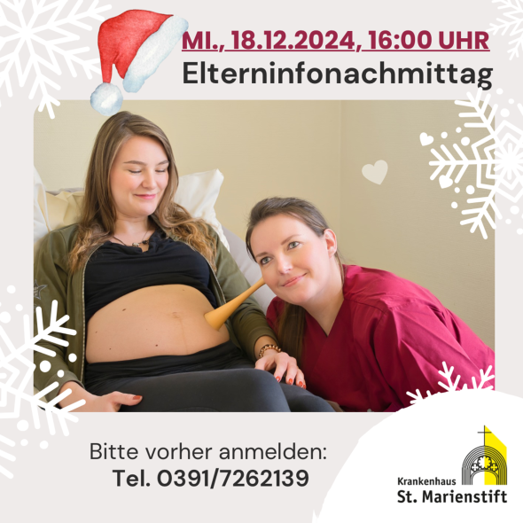 weihnachtlich gestaltete Einladung zum nächsten Elterninformationsnachmittag am 18. Dezember 2024 um 14:00 Uhr im Krankenhaus St. Marienstift. 