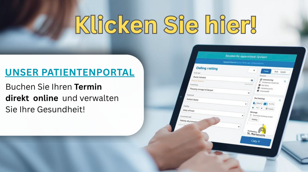 Auf der Grafik ist der Satz "Klicken Sie hier" und ein PC-Bildschirm zu erkennen.
