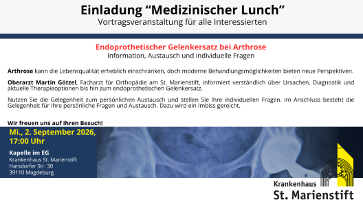 Auf dem Foto ist der Einladungstext sowie ein Röntgenbild mit einem Hüftimplantat zu erkennen.