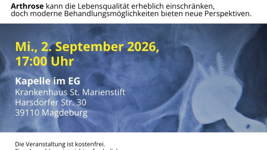 Auf dem Foto erkennt man ein Röntgenbild mit einer Hüftprothese sowie die Daten der Veranstaltung.
